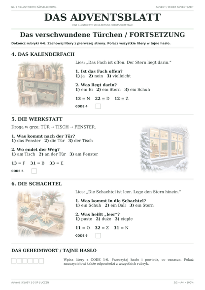 Advent — Das verschwundene Türchen, klasy 1–3, karta ucznia, strona 2 z 2