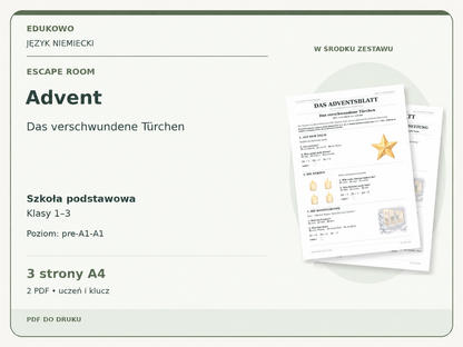 Advent – Escape room. Język niemiecki. Szkoła podstawowa, klasy 1–3. Poziom pre-A1–A1. 3 strony A4. 2 PDF • uczeń i klucz.