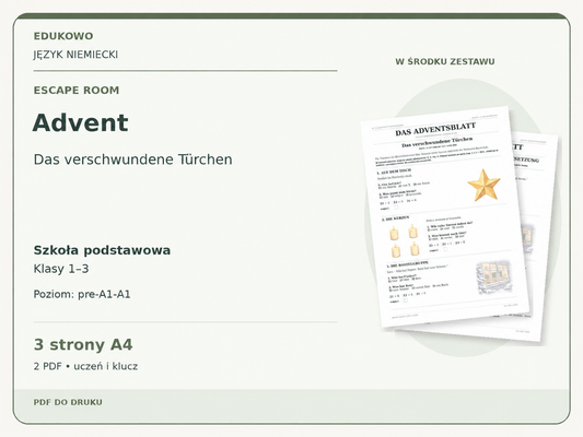 Advent – Escape room. Język niemiecki. Szkoła podstawowa, klasy 1–3. Poziom pre-A1–A1. 3 strony A4. 2 PDF • uczeń i klucz.