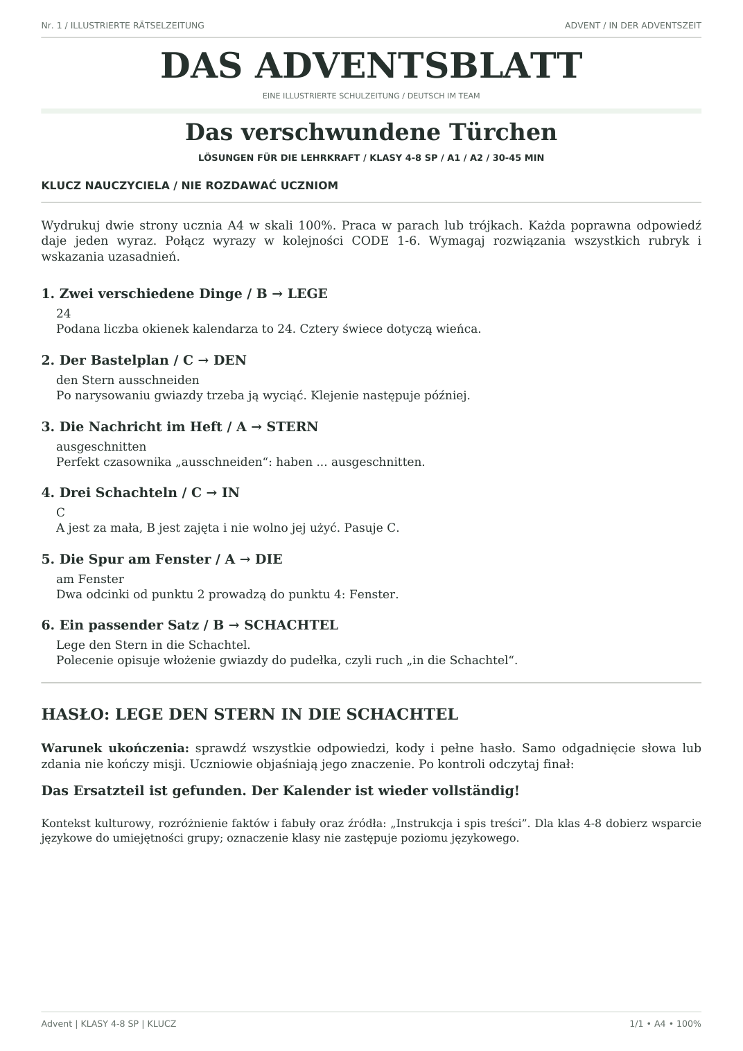 Advent — Das verschwundene Türchen, klasy 4–8, klucz nauczyciela, strona 1 z 1