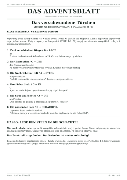 Advent — Das verschwundene Türchen, klasy 4–8, klucz nauczyciela, strona 1 z 1