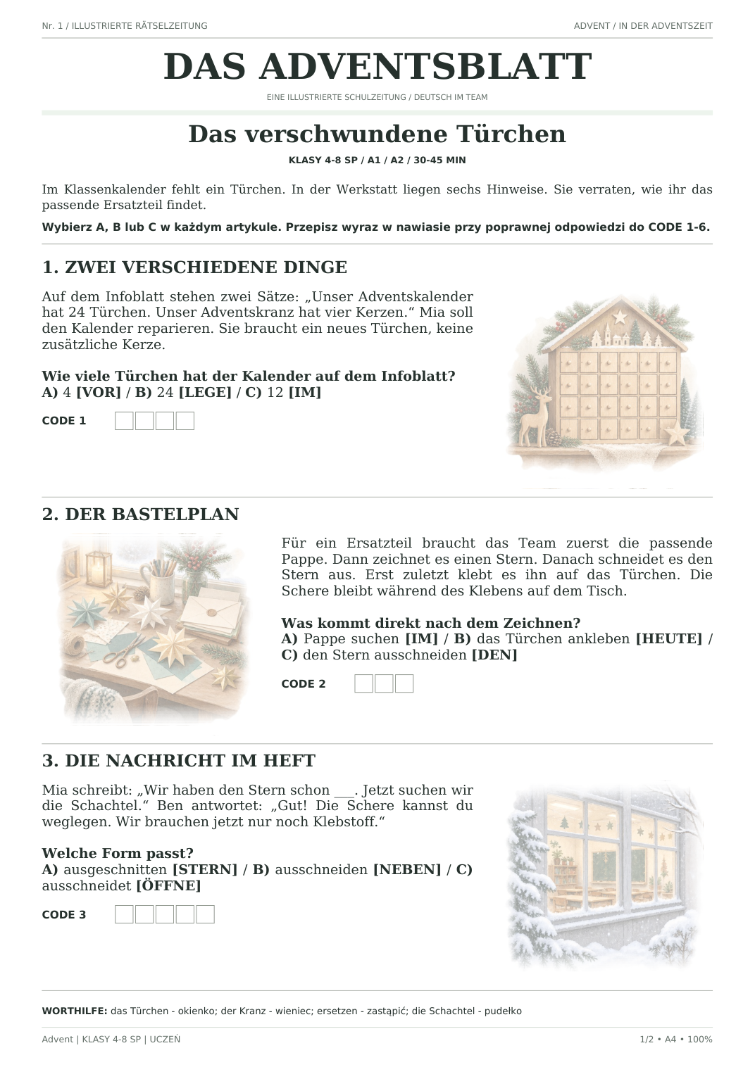 Advent — Das verschwundene Türchen, klasy 4–8, karta ucznia, strona 1 z 2