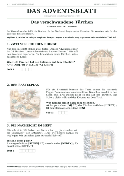 Advent — Das verschwundene Türchen, klasy 4–8, karta ucznia, strona 1 z 2