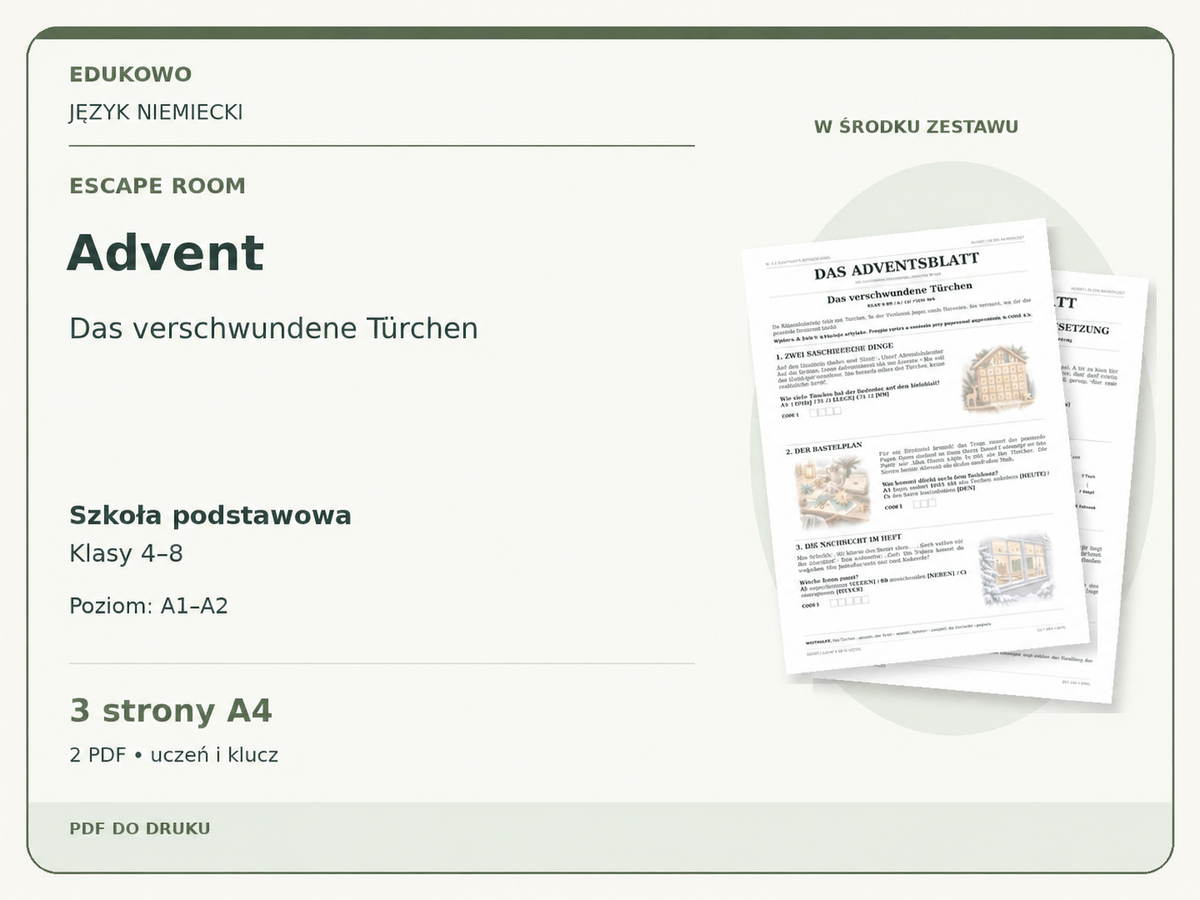 Advent – Escape room. Język niemiecki. Szkoła podstawowa, klasy 4–8. Poziom A1–A2. 3 strony A4. 2 PDF • uczeń i klucz.