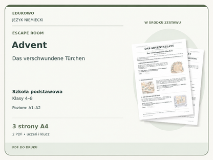 Advent – Escape room. Język niemiecki. Szkoła podstawowa, klasy 4–8. Poziom A1–A2. 3 strony A4. 2 PDF • uczeń i klucz.