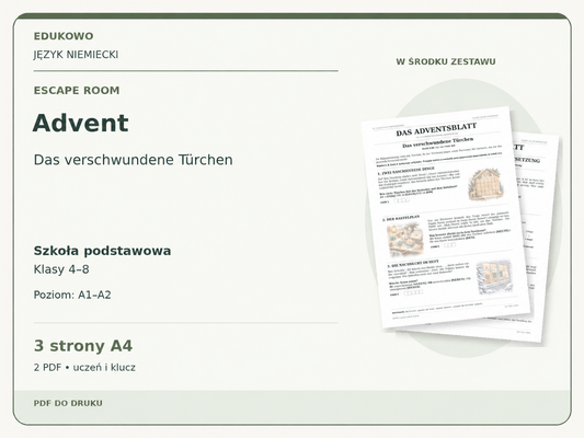 Advent – Escape room. Język niemiecki. Szkoła podstawowa, klasy 4–8. Poziom A1–A2. 3 strony A4. 2 PDF • uczeń i klucz.
