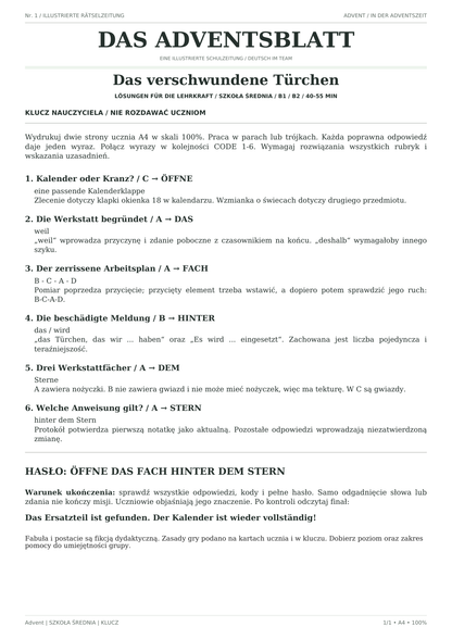 Advent — Das verschwundene Türchen, szkoła średnia, klucz nauczyciela, strona 1 z 1