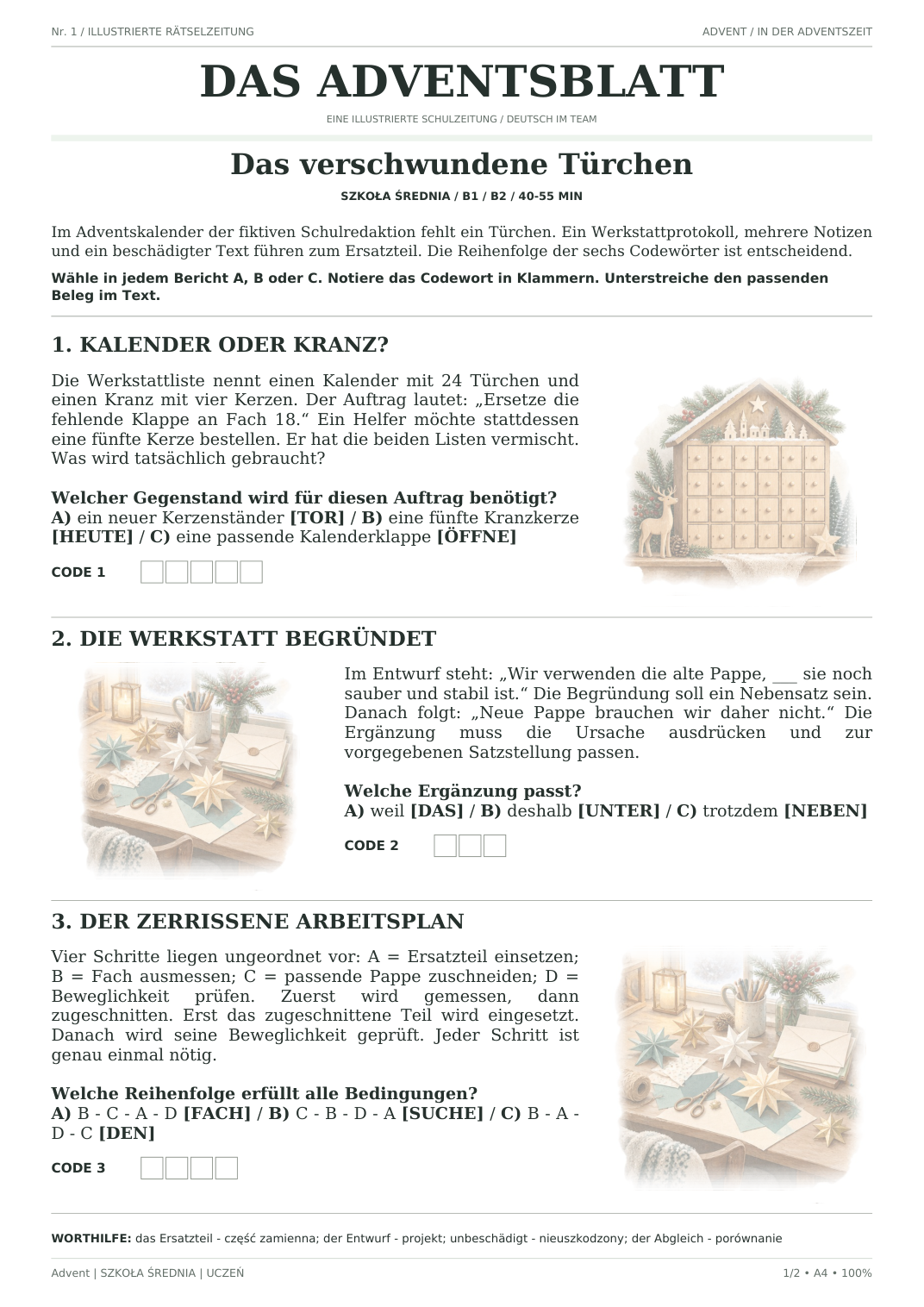 Advent — Das verschwundene Türchen, szkoła średnia, karta ucznia, strona 1 z 2