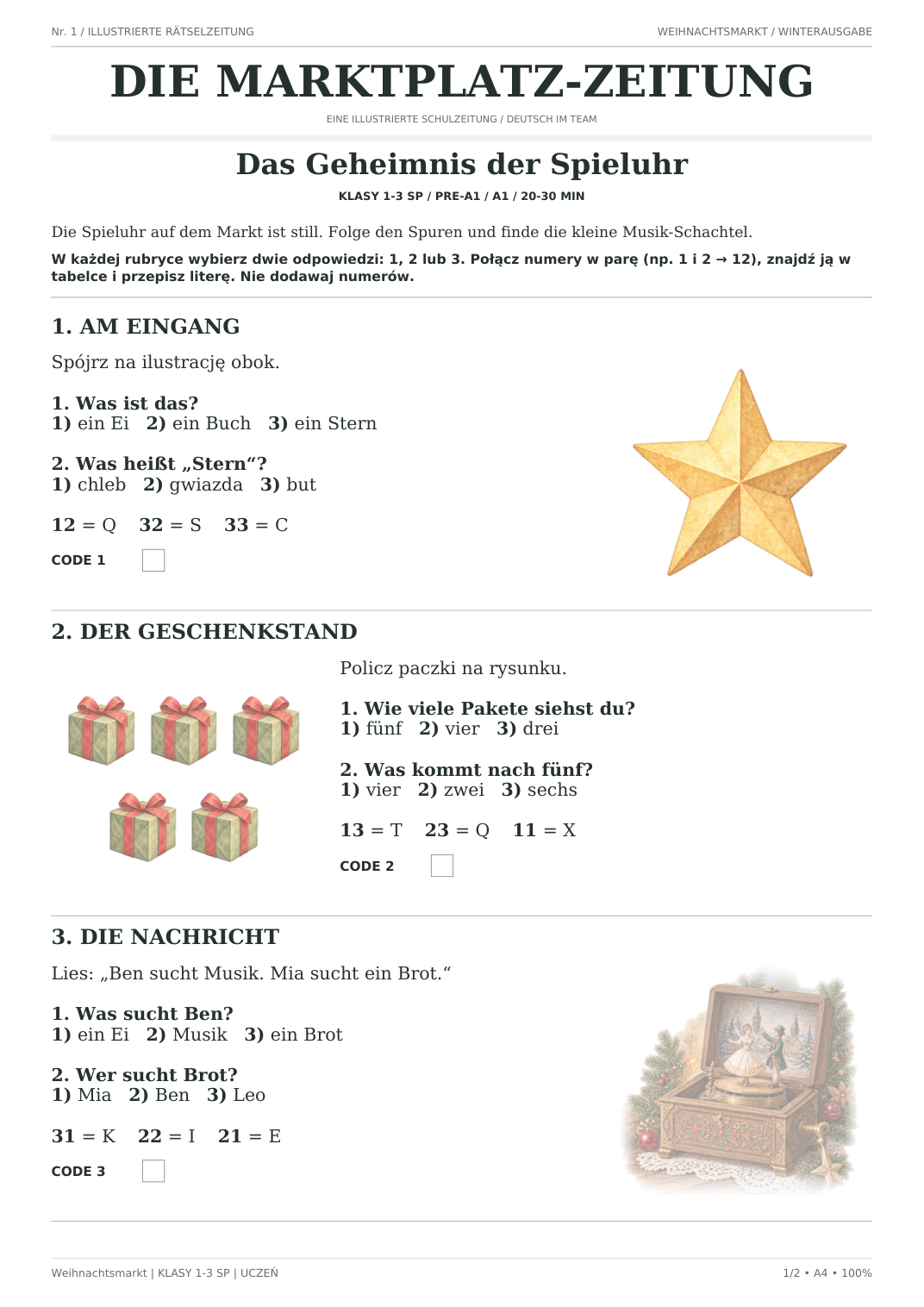 Weihnachtsmarkt — Das Geheimnis der Spieluhr, klasy 1–3, karta ucznia, strona 1 z 2