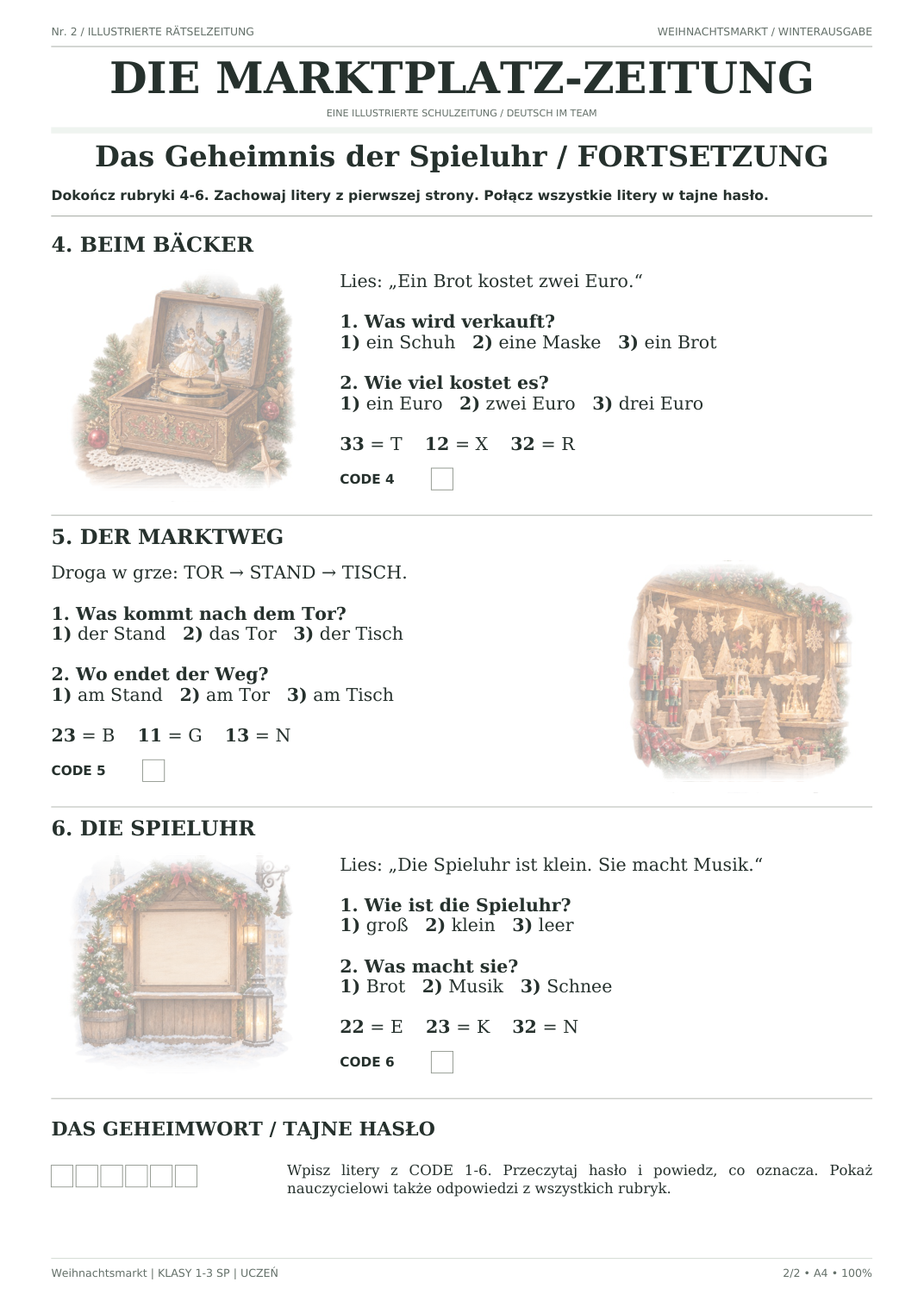 Weihnachtsmarkt — Das Geheimnis der Spieluhr, klasy 1–3, karta ucznia, strona 2 z 2