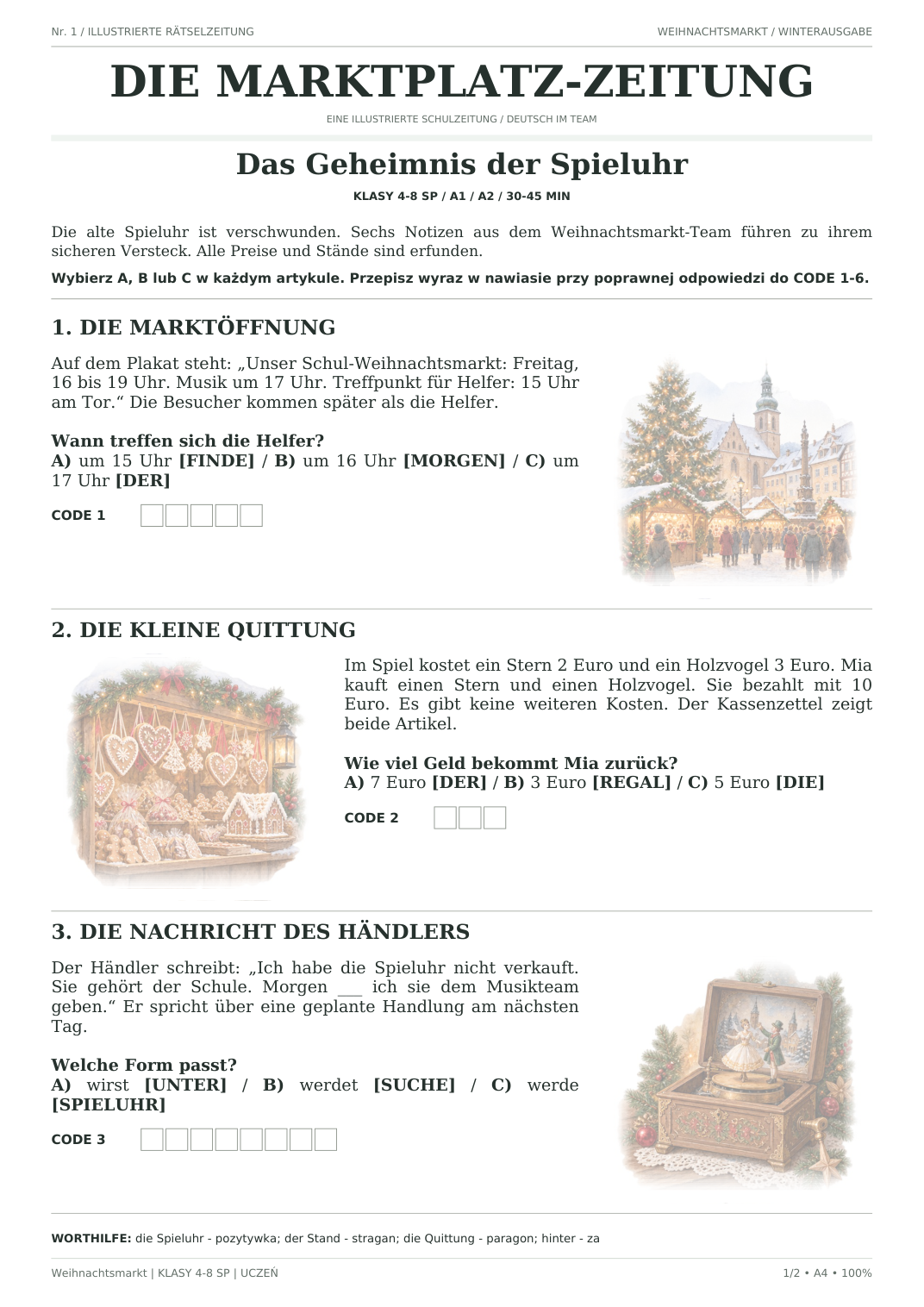 Weihnachtsmarkt — Das Geheimnis der Spieluhr, klasy 4–8, karta ucznia, strona 1 z 2