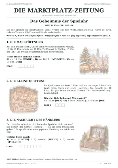 Weihnachtsmarkt — Das Geheimnis der Spieluhr, klasy 4–8, karta ucznia, strona 1 z 2