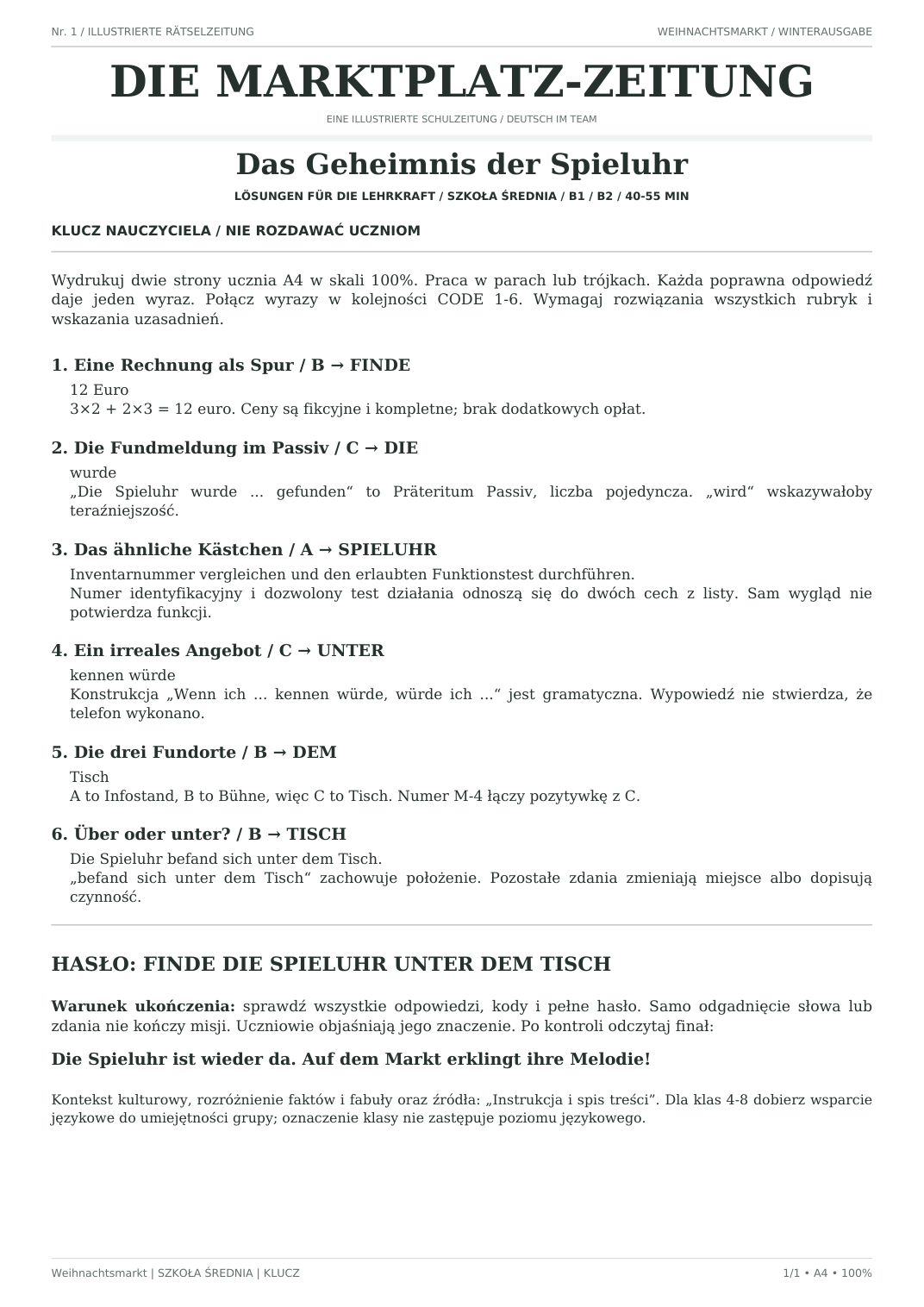 Weihnachtsmarkt — Das Geheimnis der Spieluhr, szkoła średnia, klucz nauczyciela, strona 1 z 1