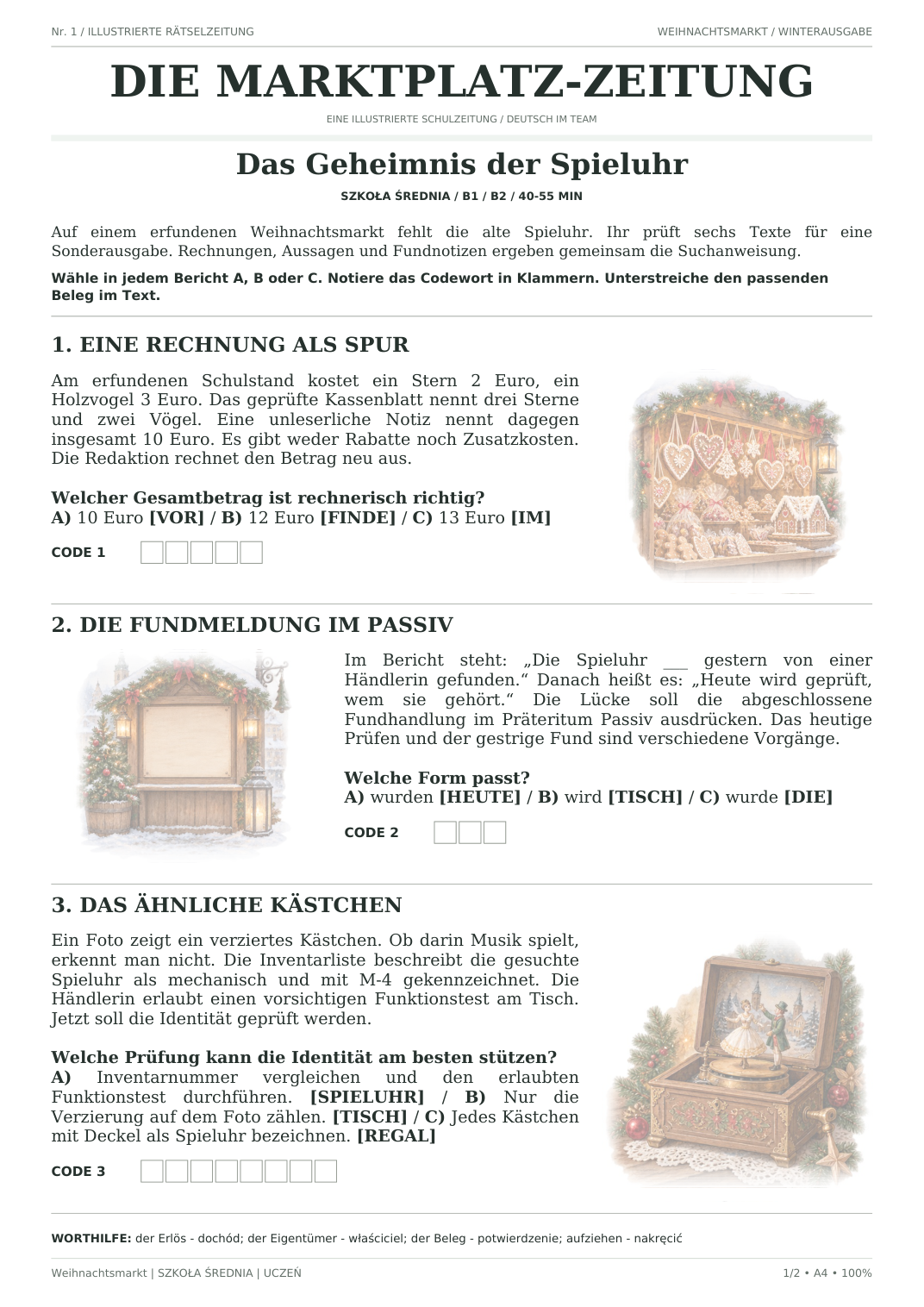 Weihnachtsmarkt — Das Geheimnis der Spieluhr, szkoła średnia, karta ucznia, strona 1 z 2