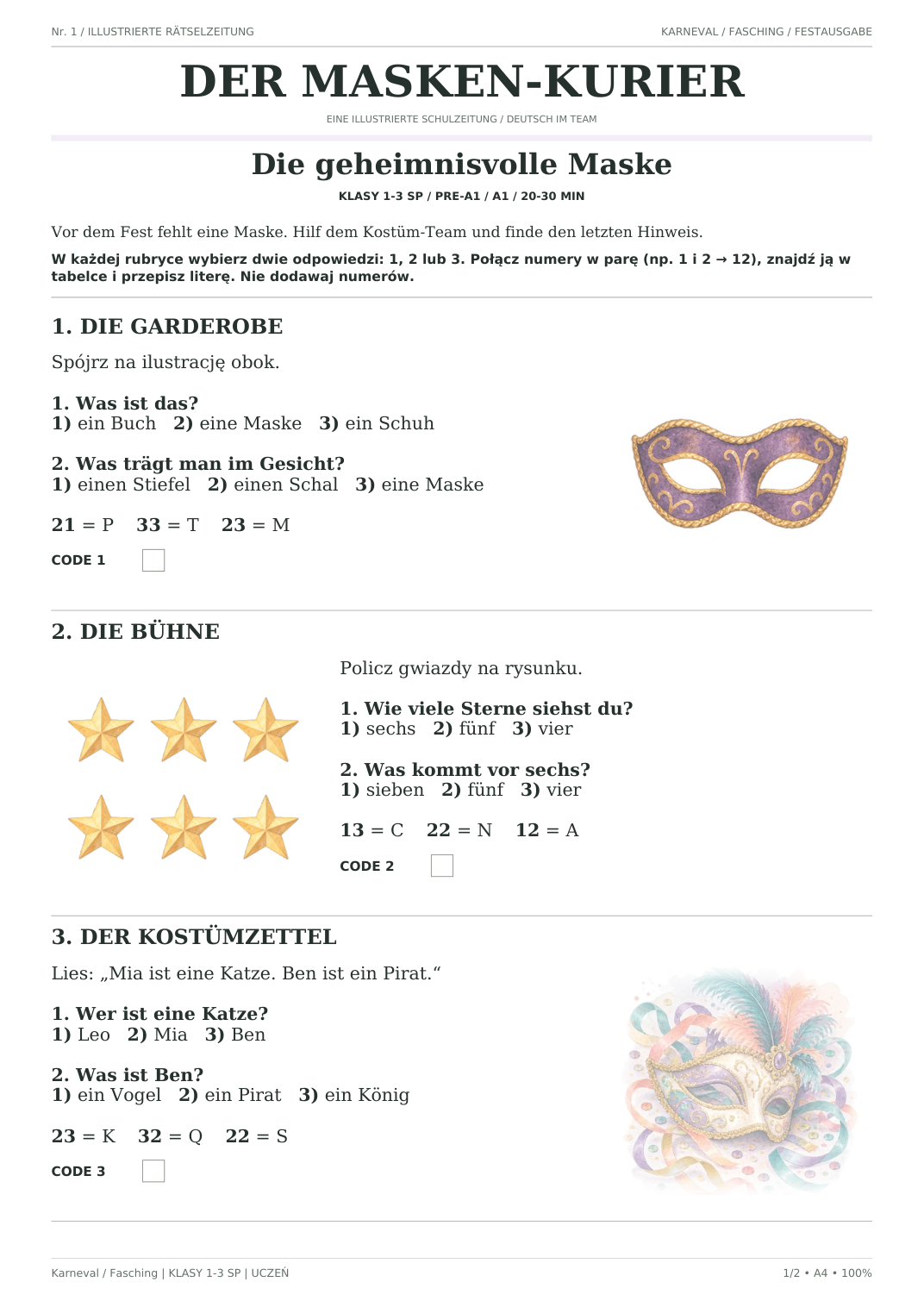Karneval / Fasching — Die geheimnisvolle Maske, klasy 1–3, karta ucznia, strona 1 z 2
