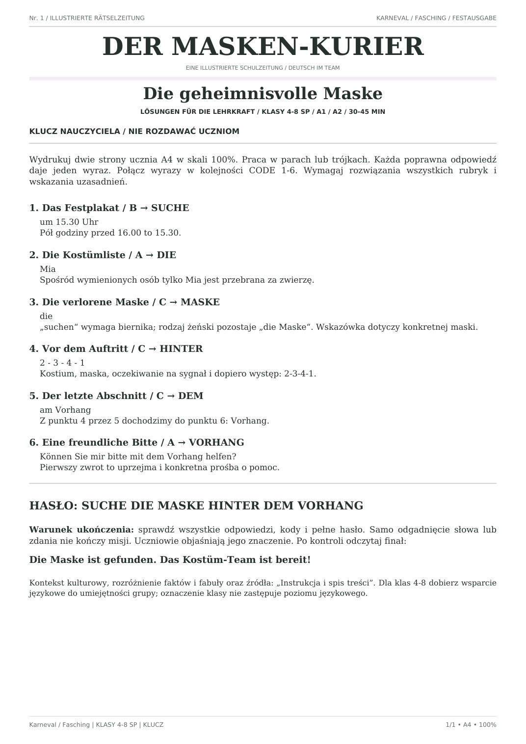 Karneval / Fasching — Die geheimnisvolle Maske, klasy 4–8, klucz nauczyciela, strona 1 z 1