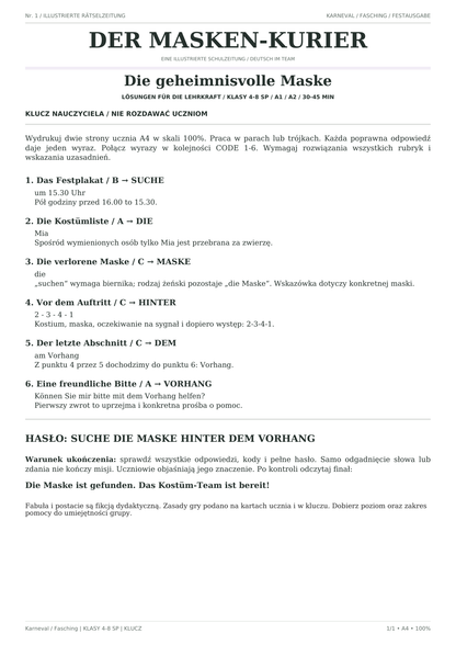 Karneval / Fasching — Die geheimnisvolle Maske, klasy 4–8, klucz nauczyciela, strona 1 z 1