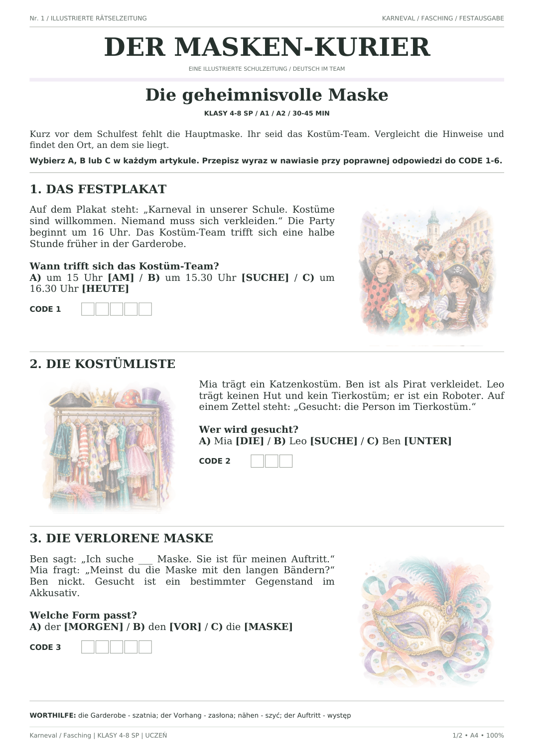 Karneval / Fasching — Die geheimnisvolle Maske, klasy 4–8, karta ucznia, strona 1 z 2