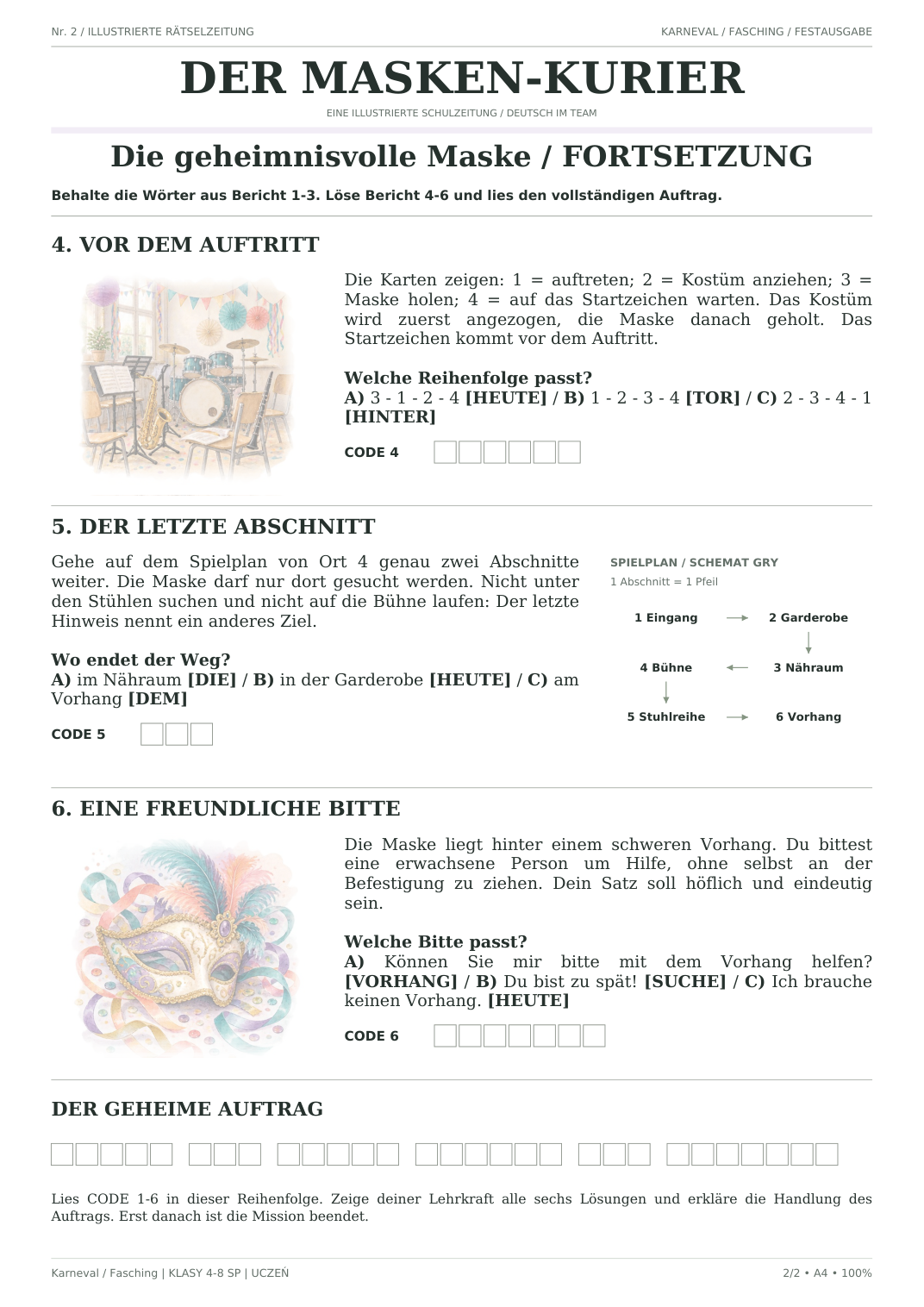 Karneval / Fasching — Die geheimnisvolle Maske, klasy 4–8, karta ucznia, strona 2 z 2