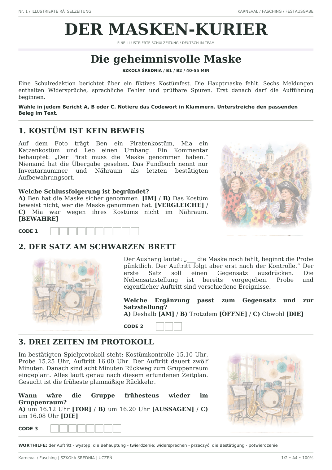Karneval / Fasching — Die geheimnisvolle Maske, szkoła średnia, karta ucznia, strona 1 z 2