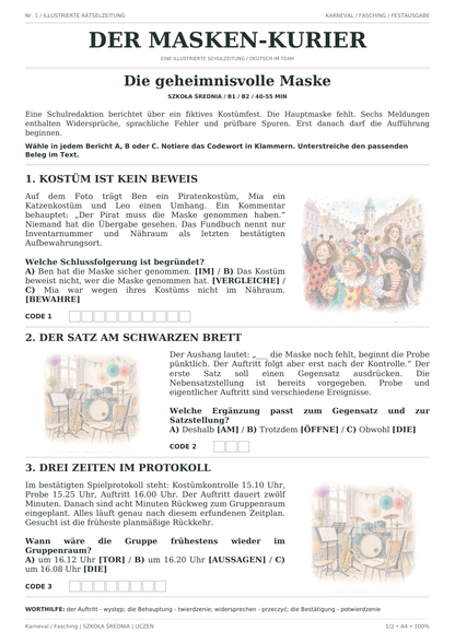 Karneval / Fasching — Die geheimnisvolle Maske, szkoła średnia, karta ucznia, strona 1 z 2