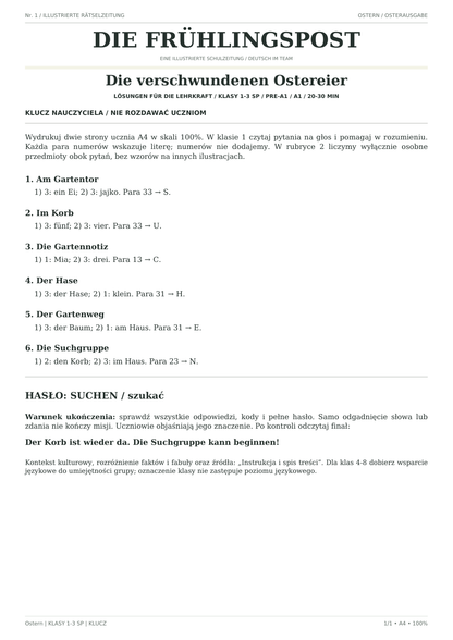 Ostern — Die verschwundenen Ostereier, klasy 1–3, klucz nauczyciela, strona 1 z 1