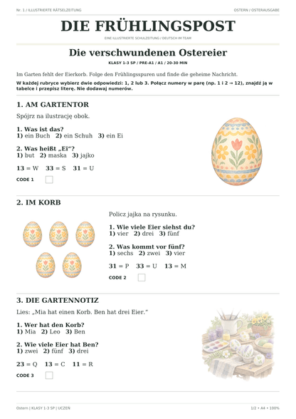 Ostern — Die verschwundenen Ostereier, klasy 1–3, karta ucznia, strona 1 z 2