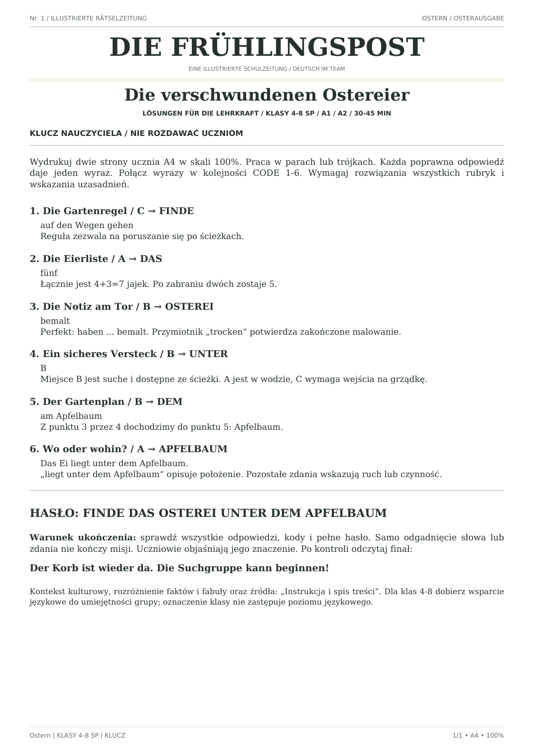 Ostern — Die verschwundenen Ostereier, klasy 4–8, klucz nauczyciela, strona 1 z 1