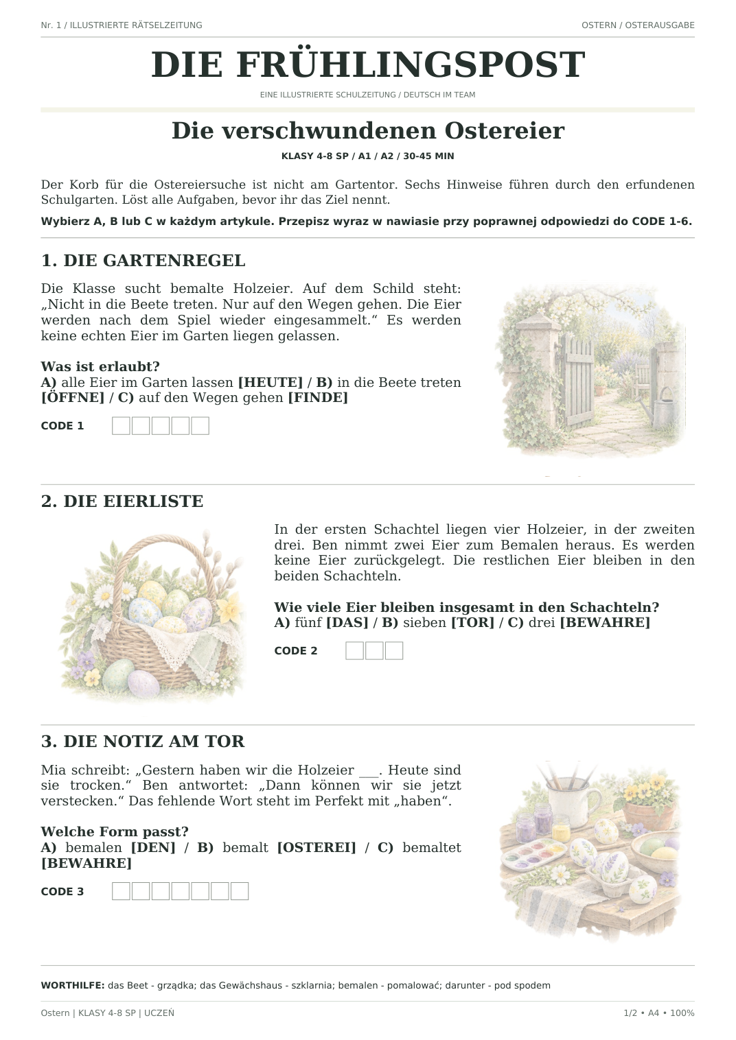Ostern — Die verschwundenen Ostereier, klasy 4–8, karta ucznia, strona 1 z 2