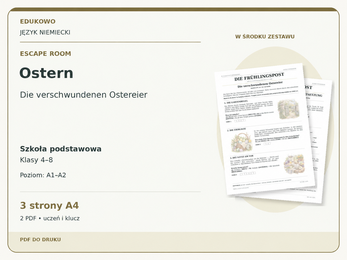 Ostern – Escape room. Język niemiecki. Szkoła podstawowa, klasy 4–8. Poziom A1–A2. 3 strony A4. 2 PDF • uczeń i klucz.