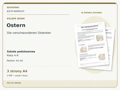 Ostern – Escape room. Język niemiecki. Szkoła podstawowa, klasy 4–8. Poziom A1–A2. 3 strony A4. 2 PDF • uczeń i klucz.