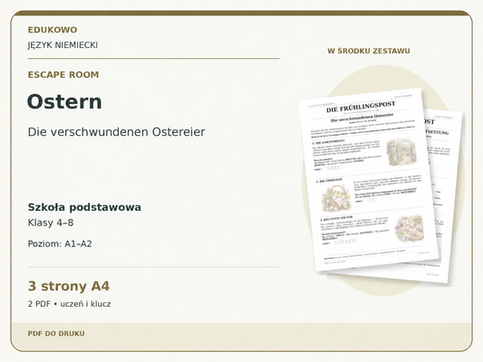 Ostern – Escape room. Język niemiecki. Szkoła podstawowa, klasy 4–8. Poziom A1–A2. 3 strony A4. 2 PDF • uczeń i klucz.