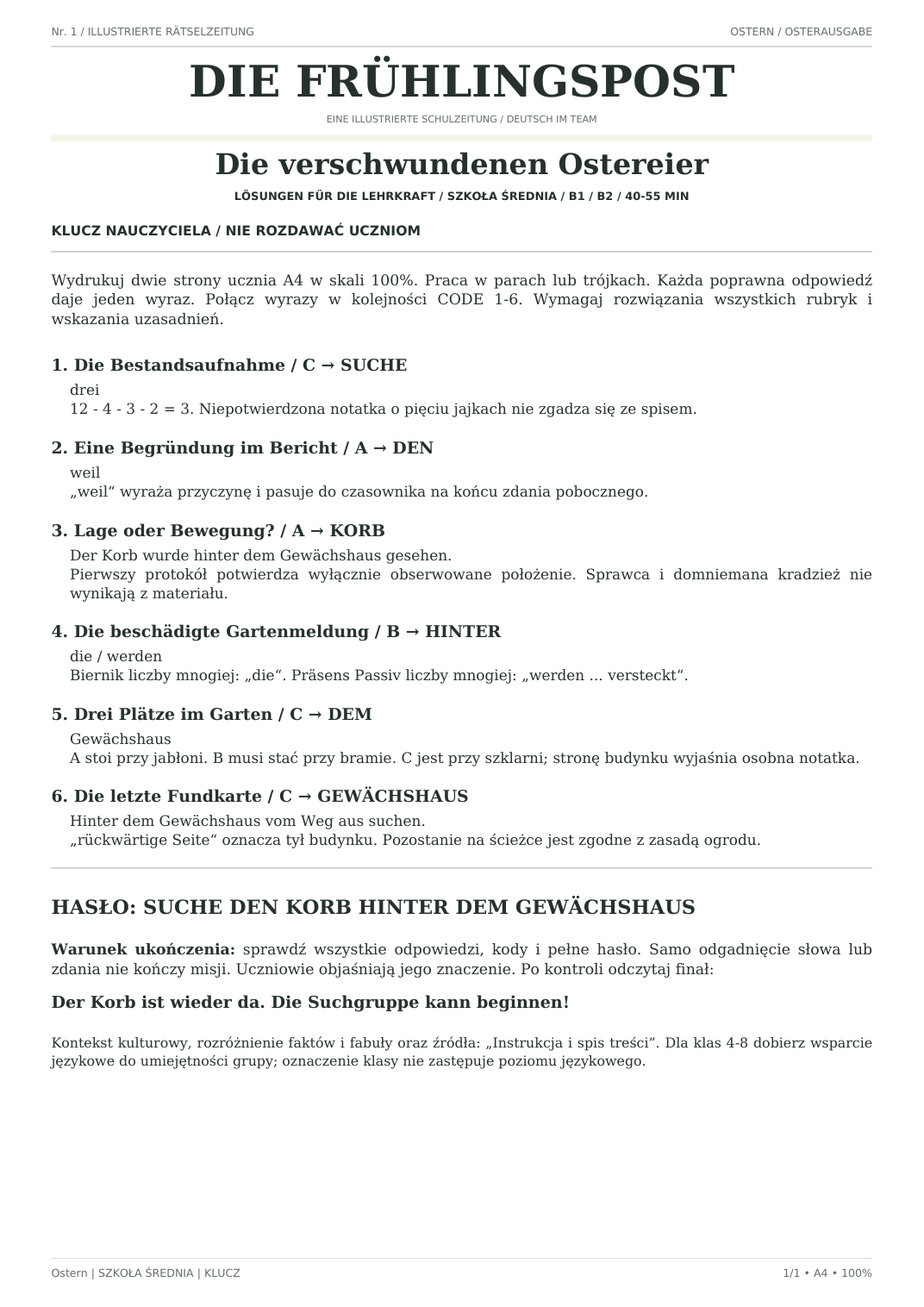 Ostern — Die verschwundenen Ostereier, szkoła średnia, klucz nauczyciela, strona 1 z 1