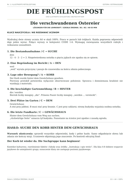 Ostern — Die verschwundenen Ostereier, szkoła średnia, klucz nauczyciela, strona 1 z 1