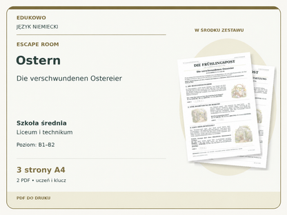 Ostern – Escape room. Język niemiecki. Szkoła średnia, liceum i technikum. Poziom B1–B2. 3 strony A4. 2 PDF • uczeń i klucz.
