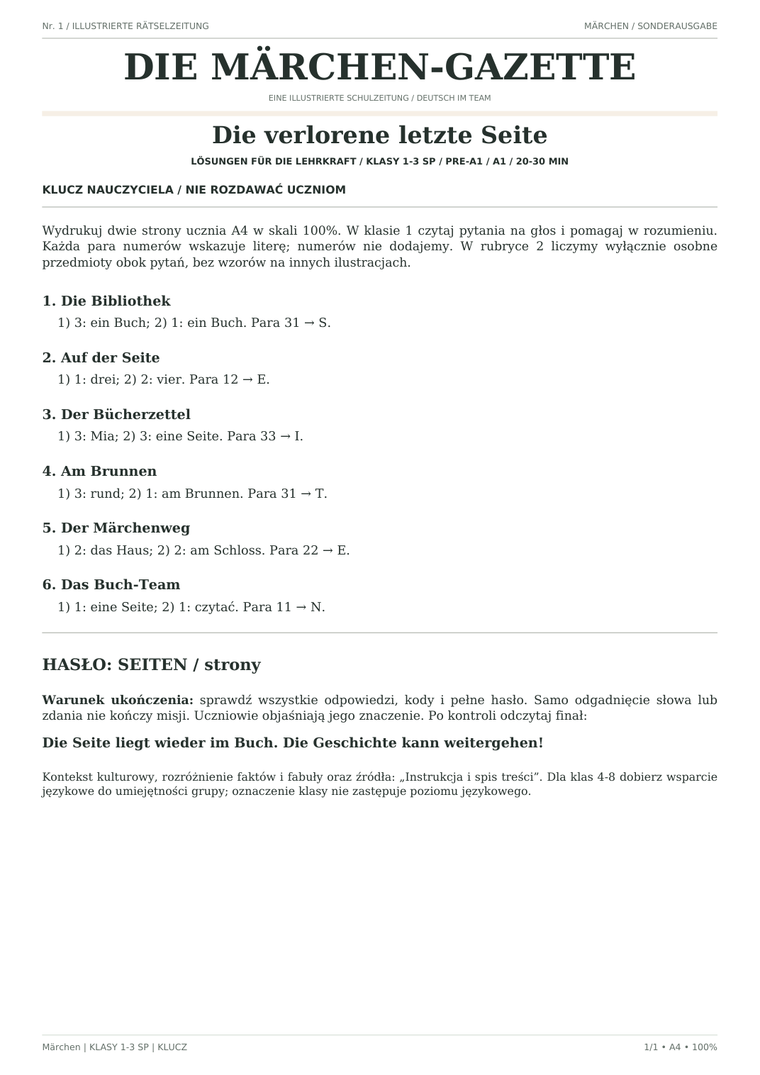 Märchen — Die verlorene letzte Seite, klasy 1–3, klucz nauczyciela, strona 1 z 1