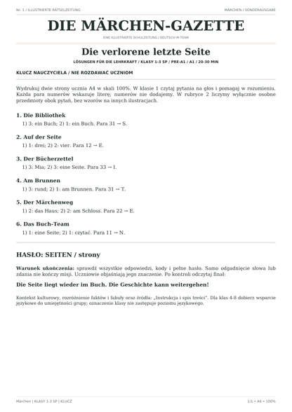 Märchen — Die verlorene letzte Seite, klasy 1–3, klucz nauczyciela, strona 1 z 1