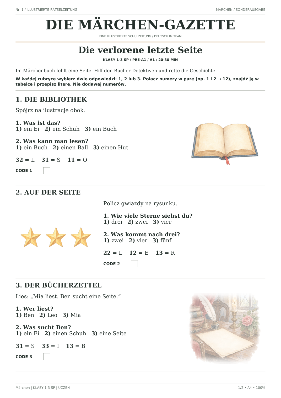 Märchen — Die verlorene letzte Seite, klasy 1–3, karta ucznia, strona 1 z 2