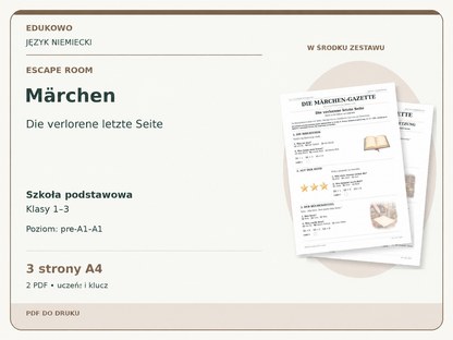 Märchen – Escape room. Język niemiecki. Szkoła podstawowa, klasy 1–3. Poziom pre-A1–A1. 3 strony A4. 2 PDF • uczeń i klucz.