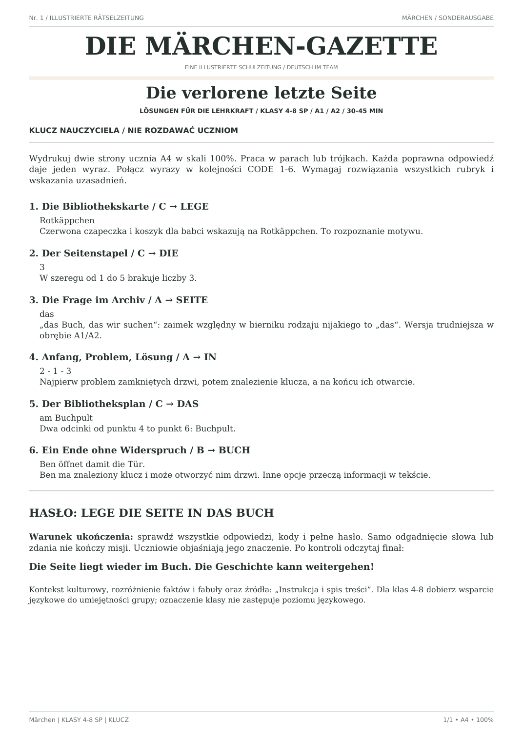Märchen — Die verlorene letzte Seite, klasy 4–8, klucz nauczyciela, strona 1 z 1