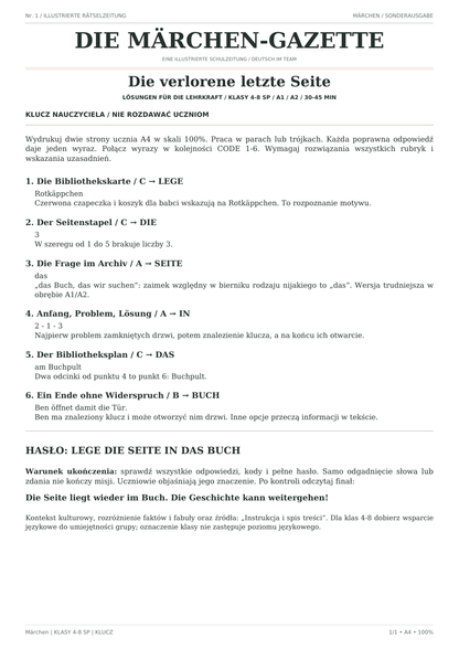 Märchen — Die verlorene letzte Seite, klasy 4–8, klucz nauczyciela, strona 1 z 1