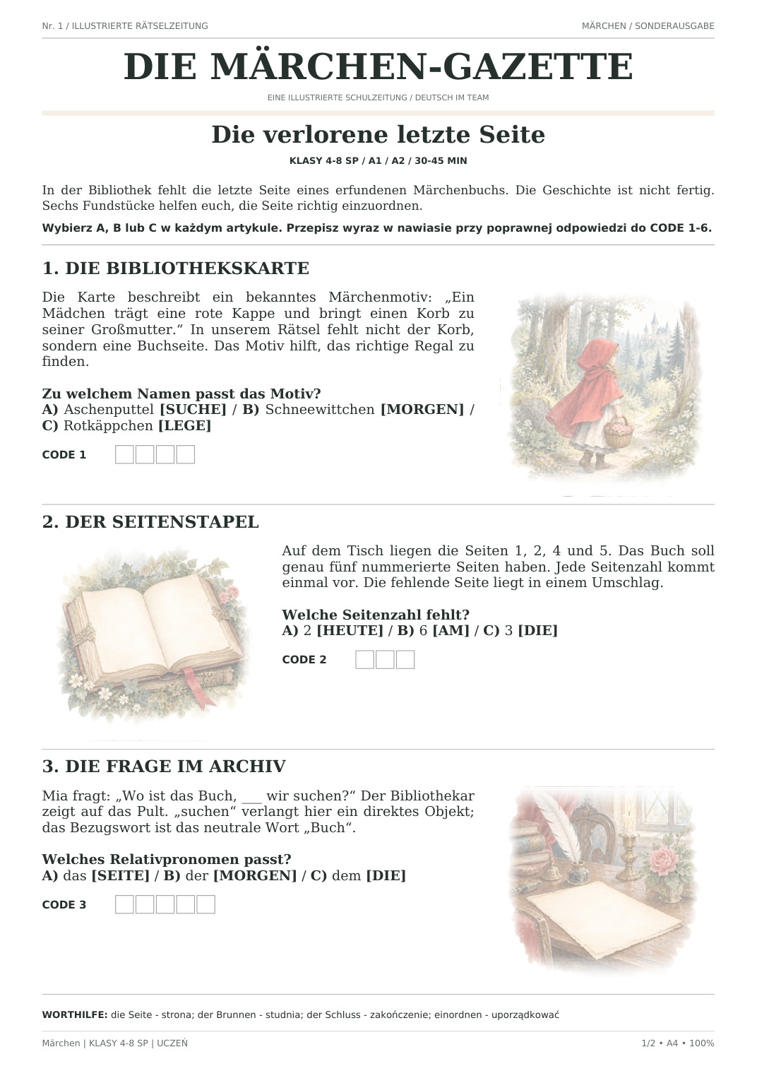 Märchen — Die verlorene letzte Seite, klasy 4–8, karta ucznia, strona 1 z 2