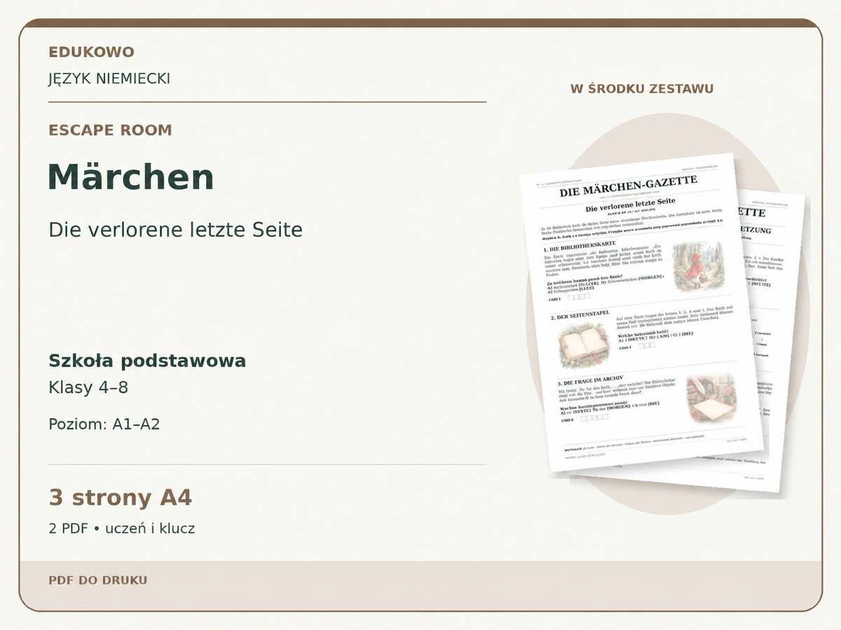 Märchen – Escape room. Język niemiecki. Szkoła podstawowa, klasy 4–8. Poziom A1–A2. 3 strony A4. 2 PDF • uczeń i klucz.