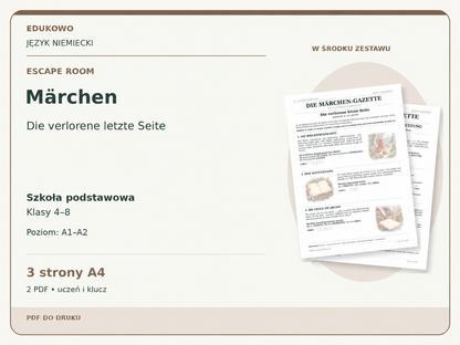 Märchen – Escape room. Język niemiecki. Szkoła podstawowa, klasy 4–8. Poziom A1–A2. 3 strony A4. 2 PDF • uczeń i klucz.