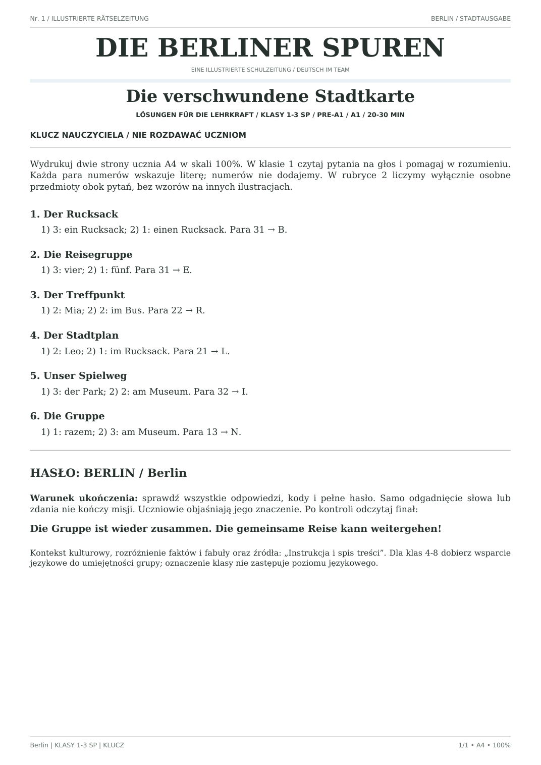 Berlin — Die verschwundene Stadtkarte, klasy 1–3, klucz nauczyciela, strona 1 z 1