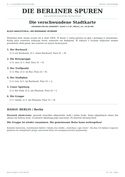 Berlin — Die verschwundene Stadtkarte, klasy 1–3, klucz nauczyciela, strona 1 z 1