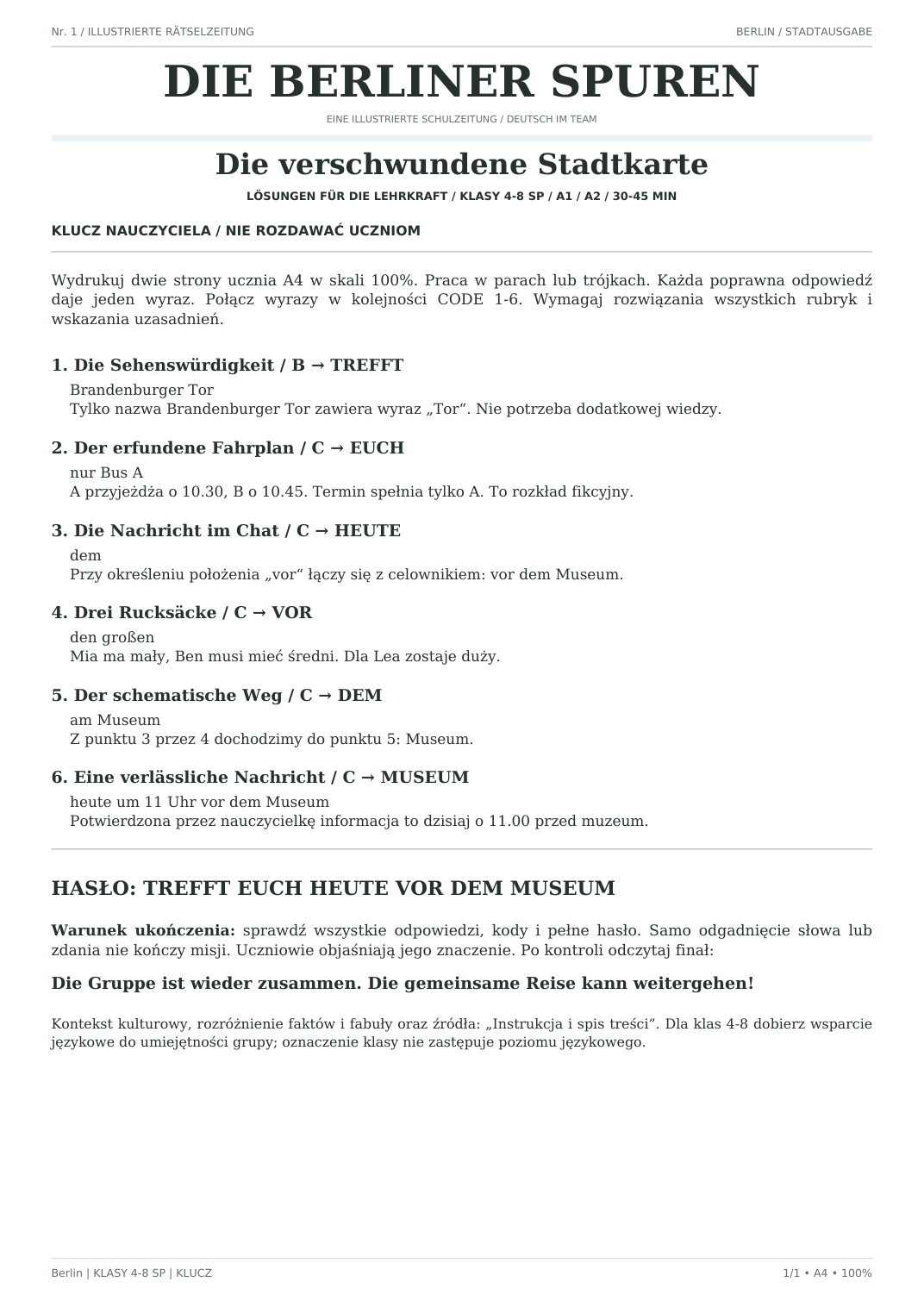 Berlin — Die verschwundene Stadtkarte, klasy 4–8, klucz nauczyciela, strona 1 z 1