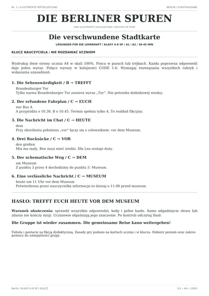 Berlin — Die verschwundene Stadtkarte, klasy 4–8, klucz nauczyciela, strona 1 z 1