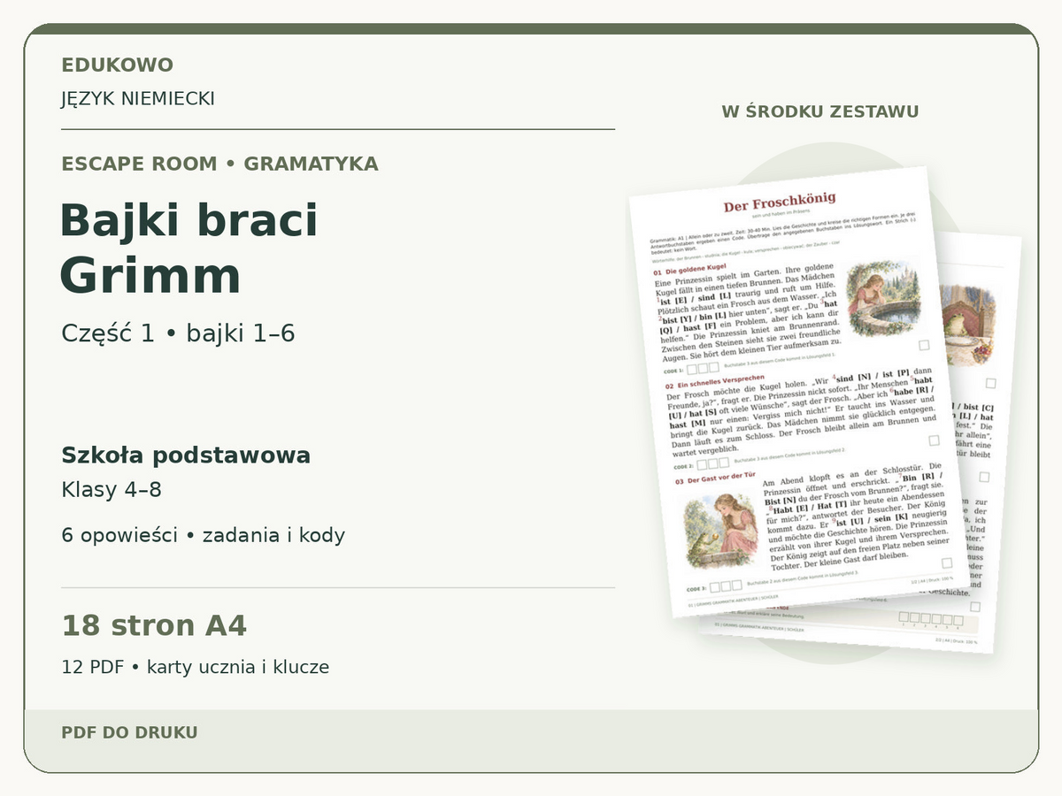 Bajki braci Grimm – część 1: bajki 1–6 | niemiecki, klasy 4–8 (PDF) — powiększony podgląd rzeczywistych kart PDF.