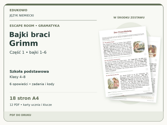 Bajki braci Grimm – część 1: bajki 1–6 | niemiecki, klasy 4–8 (PDF) — powiększony podgląd rzeczywistych kart PDF.